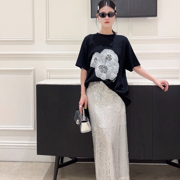 Oversized Floral T-Shirt w/ Lace & Gemstone Detail – Free Size - Picture 5 of 5